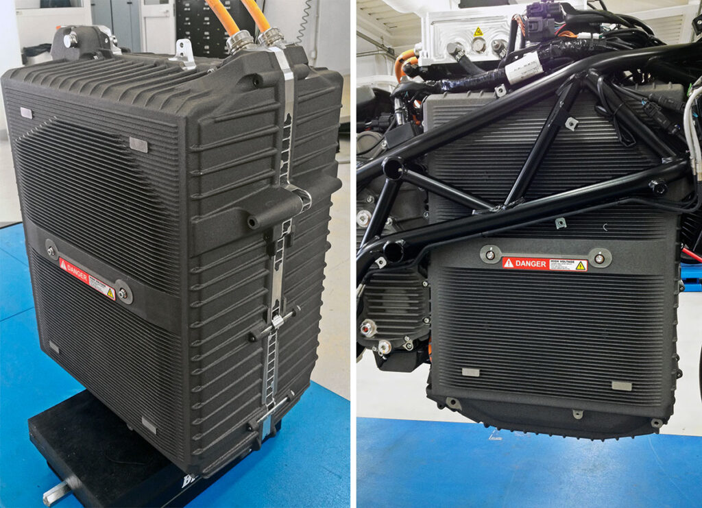 Left: Energica Ego battery pack ready to be mounted. Right: Battery pack mounted (detail)