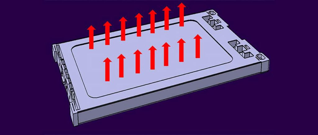 Pouch cell with casing (screenshot). Direction of swelling indicated by red arrows
