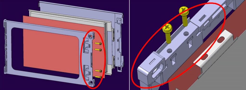 Left: exploded view of pouch casing with pouch cell and cooling system. Circled in red, the area most affected by heat increase. The area must stay stiff; right: detail of the area of the pouch casing most affected by heat increase