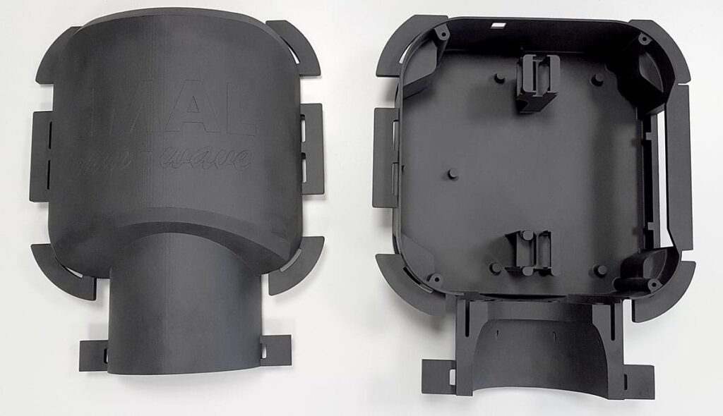IMAL sensor housing box in Windform® XT 2.0 Carbon-composite material. From left: front shell (exterior), rear shell (interior)