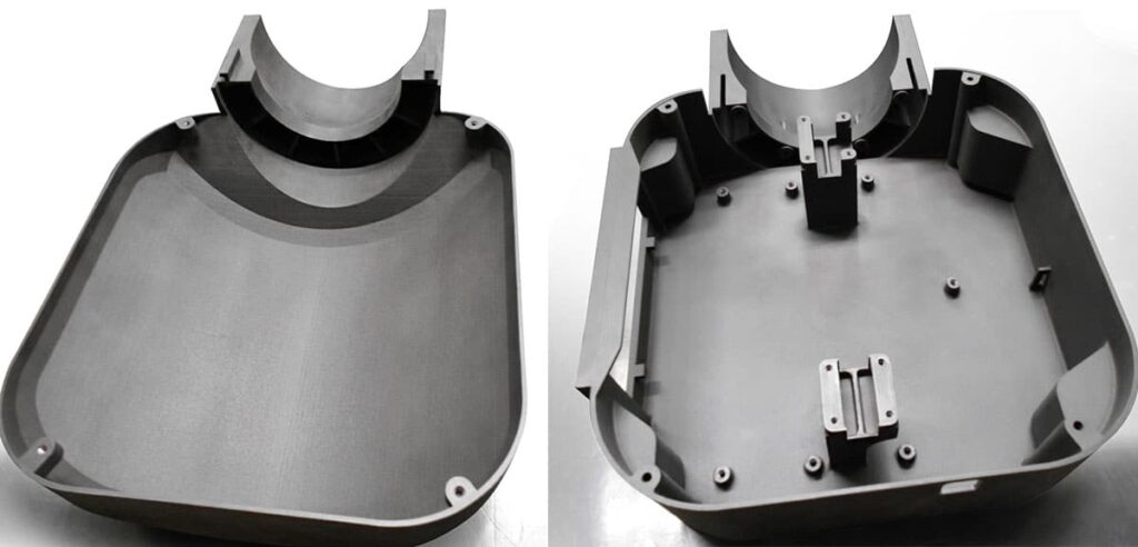 3D printed IMAL sensor housing box, after being CNC machined. Left: front shell (interior). Right: rear shell (interior)