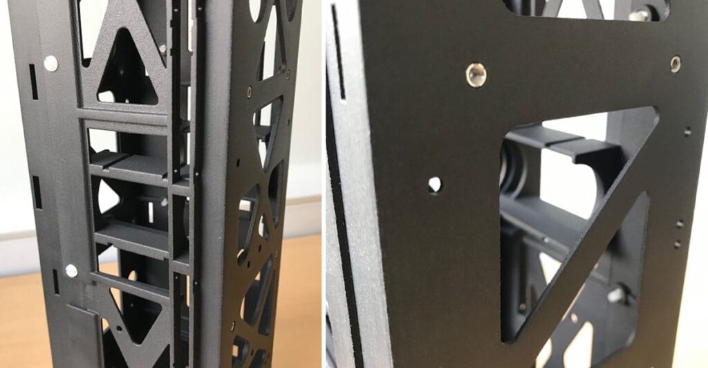 Left: Mechanical solar panel deployment frame integrated in the 3D printed structure. Right: Battery Cradle integrated in the 3D printed structure – courtesy of LISA