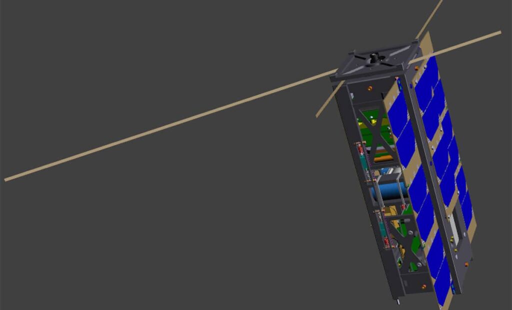 3U-CubeSat OGMS-SA (OutGassing Material Study by Spectroscopy Analysis) with solar panels and antennas deployed – courtesy of LISA