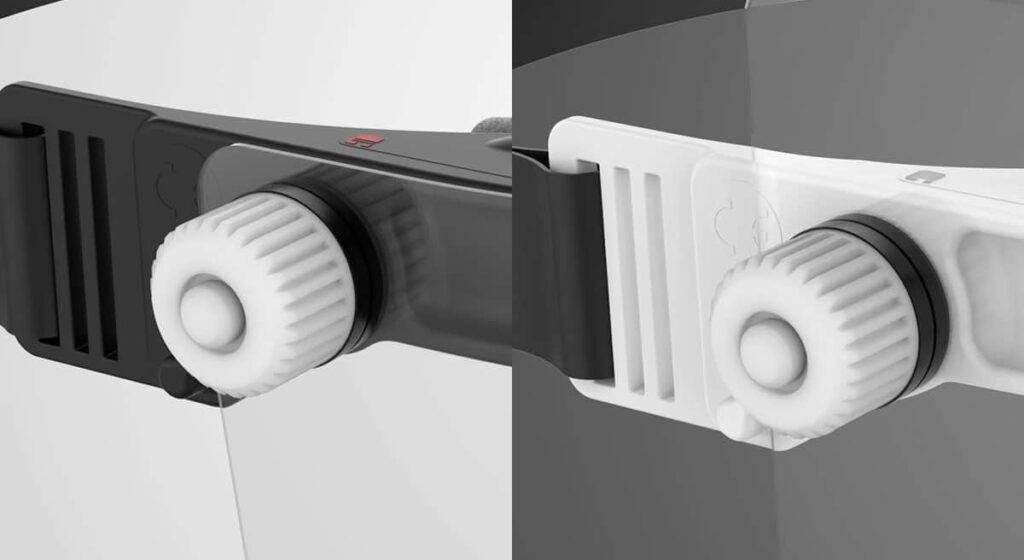 Detail of the siding knobs for fixing and regulating the hardness of the lifting of the shield sheet, with CE marking compliant with EN166 requirements. From left: Safe4U and Safe4U+