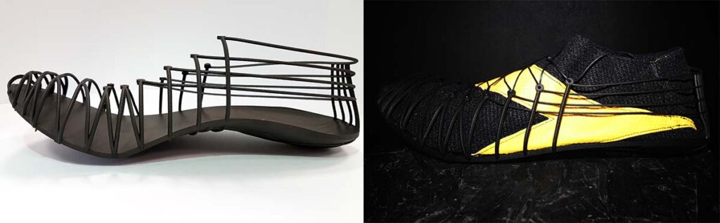Pleko, side view. On the left: 3D printed main structure in Windform® SP. Right: finished footwear. Courtesy CRP Technology/Miro Buroni