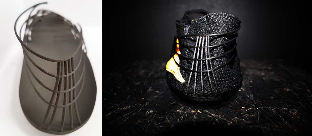 Pleko, back view. On the left 3D printed main structure in Windform® SP. Right: Destra: finished footwear. Courtesy CRP Technology/Miro Buroni