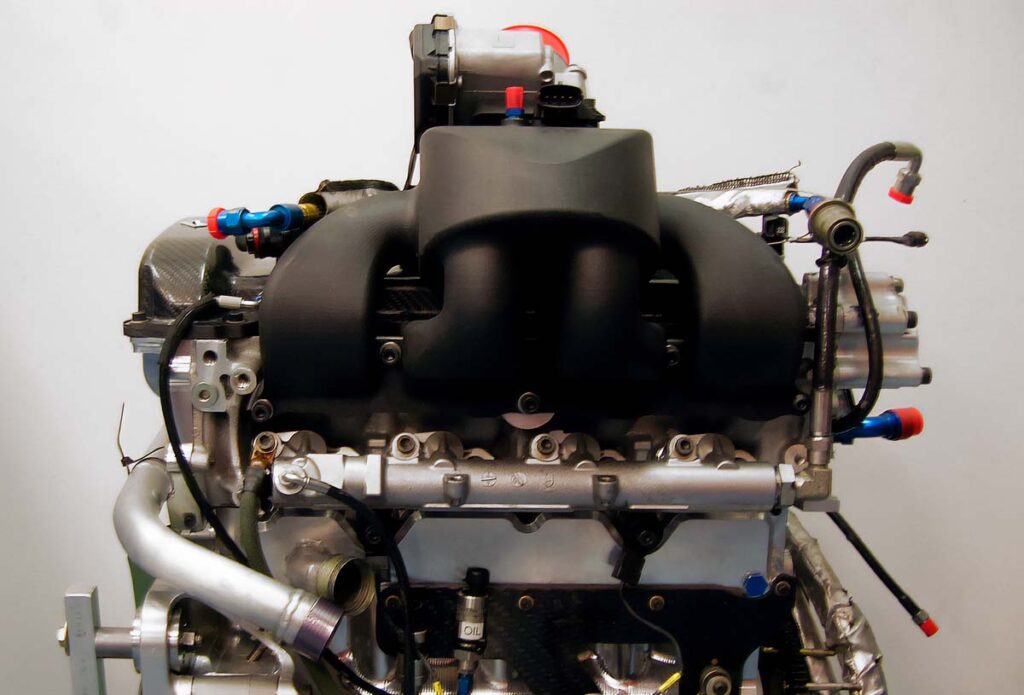 The 3D printed intake manifold in Windform SP mounted on engine