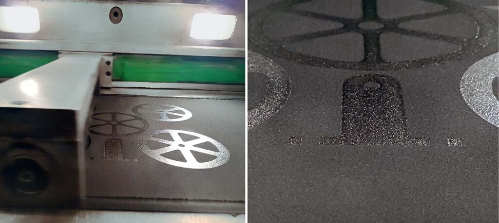 Manufacturing of the part via laser sintering technology. On the left: build chamber with roller. On the right: detail of the T-shaped attachment bracket