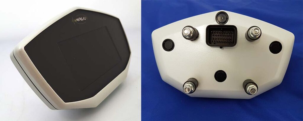 Front and back of the second prototype of the dashboard made with Windform LX 3.0 (painted)