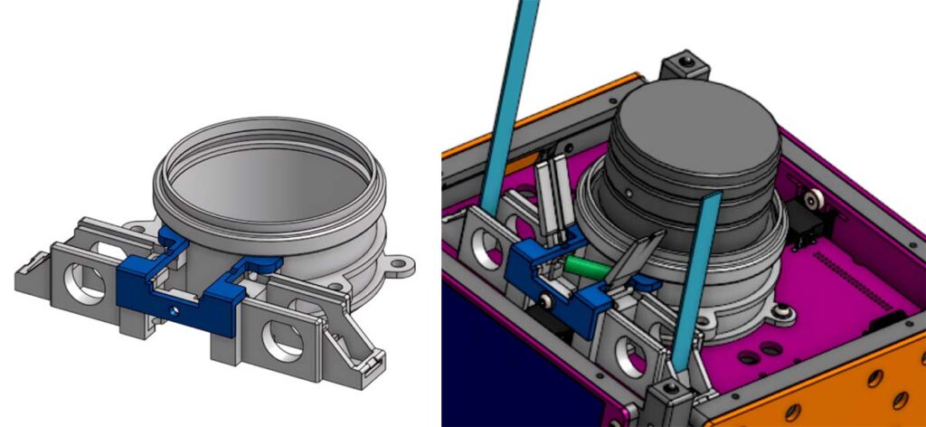 CAD-Zeichnung der modifizierten Version der OreSat0-Drehkreuzantenne, Detail. Die hellgrauen Teile sind aus Windform LX 3.0 hergestellt. Mit freundlicher Genehmigung von PSAS