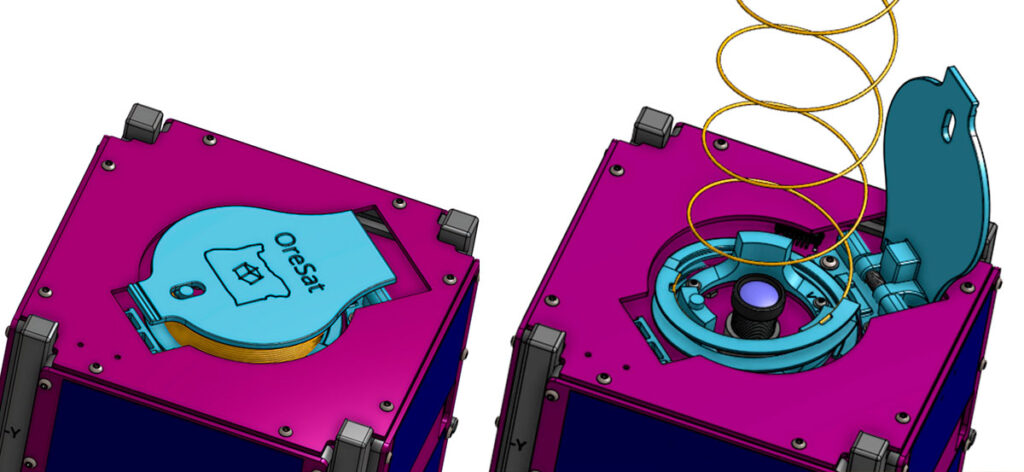 CAD-Zeichnung des neuen Auslösemechanismus der Wendelantenne von OreSat, Detail. Die hellblauen Teile sind aus Windform LX 3.0 hergestellt. Mit freundlicher Genehmigung von PSAS