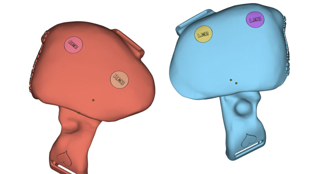Disegno CAD dei guanti da corsa stampati in 3D con cap per la fuoriuscita delle polveri Windform XT 2.0 non sinterizzate. Per gentile concessione di CRP USA