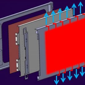 Esploso di un porta-cella con cella e sistema di raffreddamento. Il calore viene trasferito alla piastra e portato sui lati esterni (frecce rosse) per la dissipazione (frecce blu)